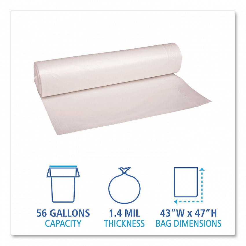 Recycled Low-Density Polyethylene Can Liners, 56 gal, 1.4 mil, 43" x 47", Clear, Perforated, 10 Bags/Roll, 10 Rolls/Carton (536)