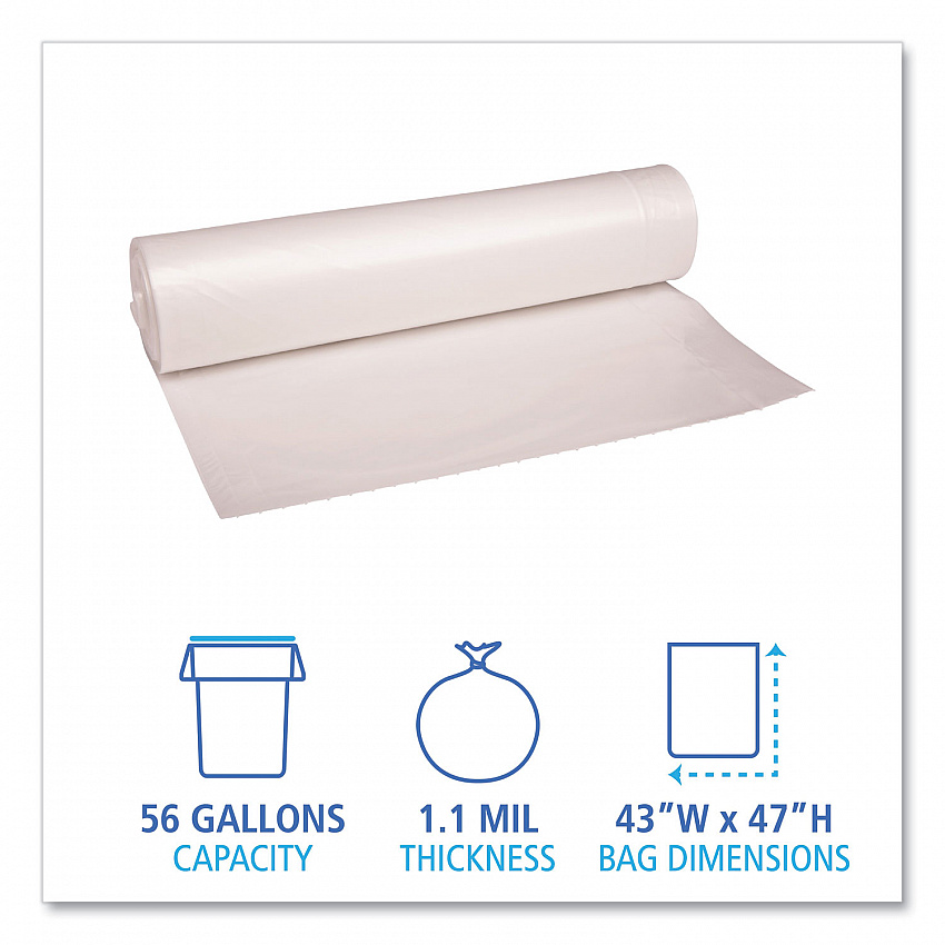 Recycled Low-Density Polyethylene Can Liners, 56 gal, 1.1 mil, 43" x 47", Clear, Perforated, 10 Bags/Roll, 10 Rolls/Carton (532)