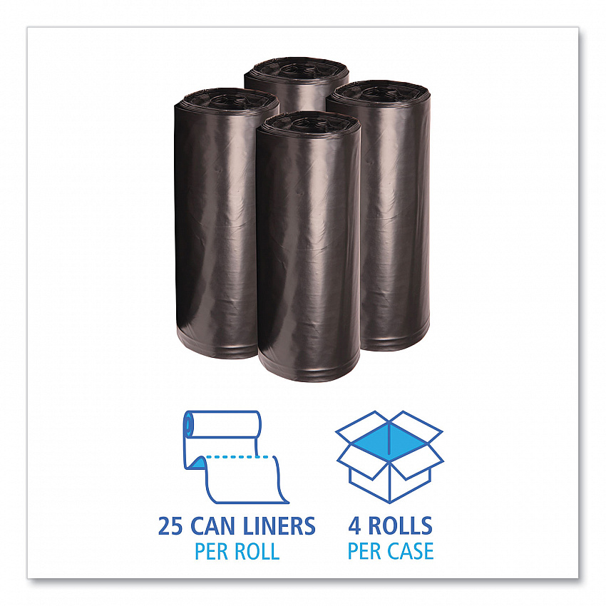 Recycled Low-Density Polyethylene Can Liners, 60 gal, 1.6 mil, 38" x 58", Black, Perforated, 10 Bags/Roll, 10 Rolls/Carton (523)