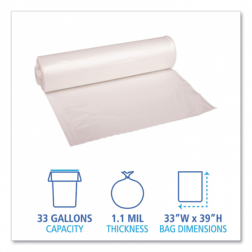 Recycled Low-Density Polyethylene Can Liners, 33 gal, 1.1 mil, 33" x 39", Clear, Perforated, 10 Bags/Roll, 10 Rolls/Carton (530)
