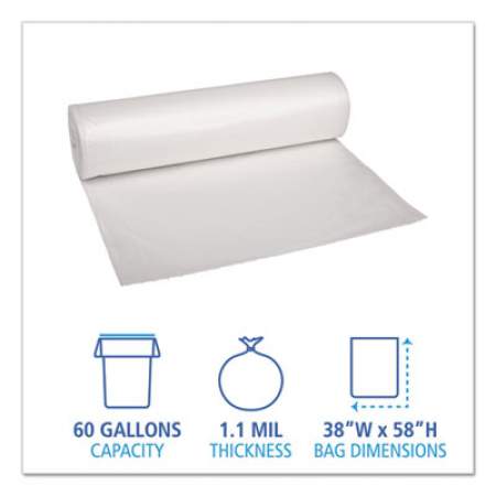Boardwalk Low Density Repro Can Liners, 60 gal, 1.1 mil, 38" x 58", Clear, 10 Bags/Roll, 10 Rolls/Carton (533)
