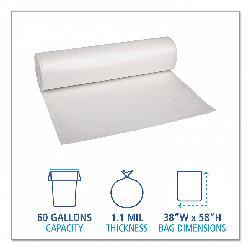 Recycled Low-Density Polyethylene Can Liners, 60 gal, 1.1 mil, 38" x 58", Clear, Perforated, 10 Bags/Roll, 10 Rolls/Carton (533)