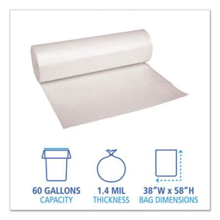 Boardwalk Low Density Repro Can Liners, 60 gal, 1.4 mil, 38" x 58", Clear, 10 Bags/Roll, 10 Rolls/Carton (537)
