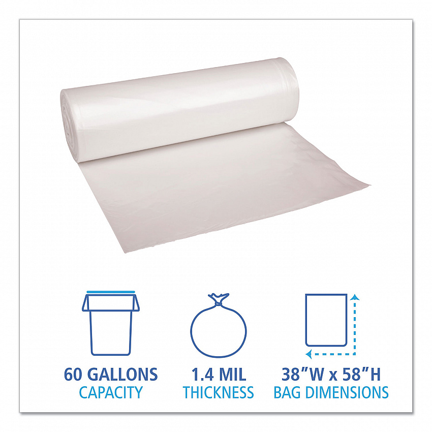Recycled Low-Density Polyethylene Can Liners, 60 gal, 1.4 mil, 38" x 58", Clear, Perforated, 10 Bags/Roll, 10 Rolls/Carton (537)