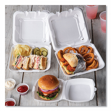 Vented Foam Hinged Lid Container, Dual Tab Lock, 3 Compartments, 8.4 x 8 x 3, White, 150/Carton (YTD188030000)