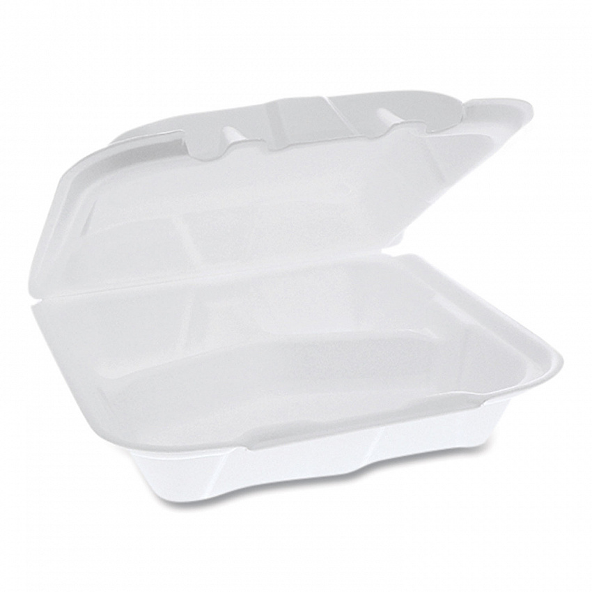 Vented Foam Hinged Lid Container, Dual Tab Lock, 3 Compartments, 8.4 x 8 x 3, White, 150/Carton (YTD188030000)