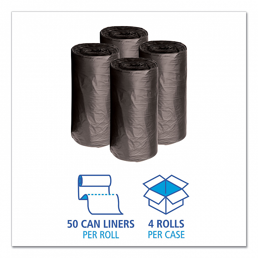Low-Density Waste Can Liners, 10 gal, 0.35 mil, 24" x 23", Black, Perforated Roll, 50 Bags/Roll, 10 Rolls/Carton (2423L)