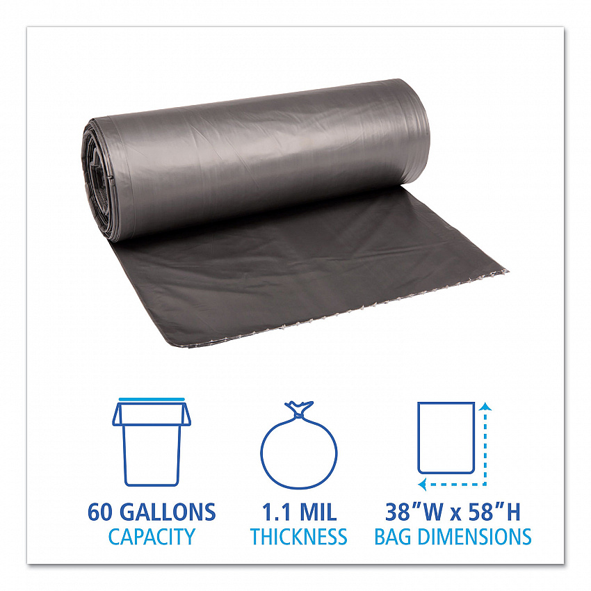 Low-Density Waste Can Liners, 60 gal, 1.1 mil, 38" x 58", Gray, Perforated Roll, 20 Bags/Roll, 5 Rolls/Carton (3858SEH)