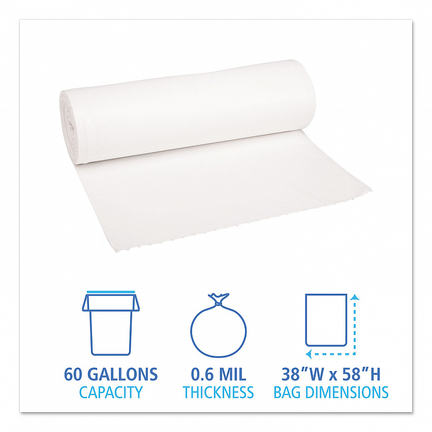 Low-Density Waste Can Liners, 60 gal, 0.6 mil, 38" x 58", White, Perforated Roll, 25 Bags/Roll, 4 Rolls/Carton (3858EXH)