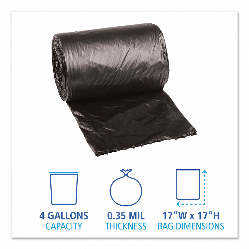 Low-Density Waste Can Liners, 4 gal, 0.35 mil, 17" x 17", Black, Perforated Roll, 50 Bags/Roll, 20 Rolls/Carton (1717L)