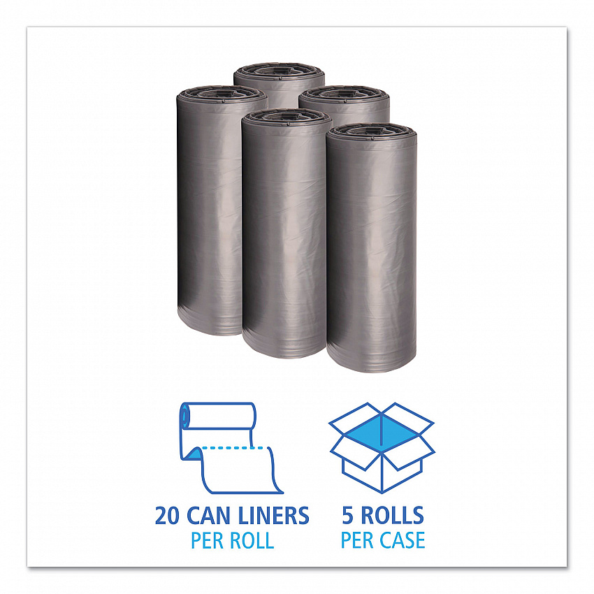 Low-Density Waste Can Liners, 60 gal, 1.1 mil, 38" x 58", Gray, Perforated Roll, 20 Bags/Roll, 5 Rolls/Carton (3858SEH)