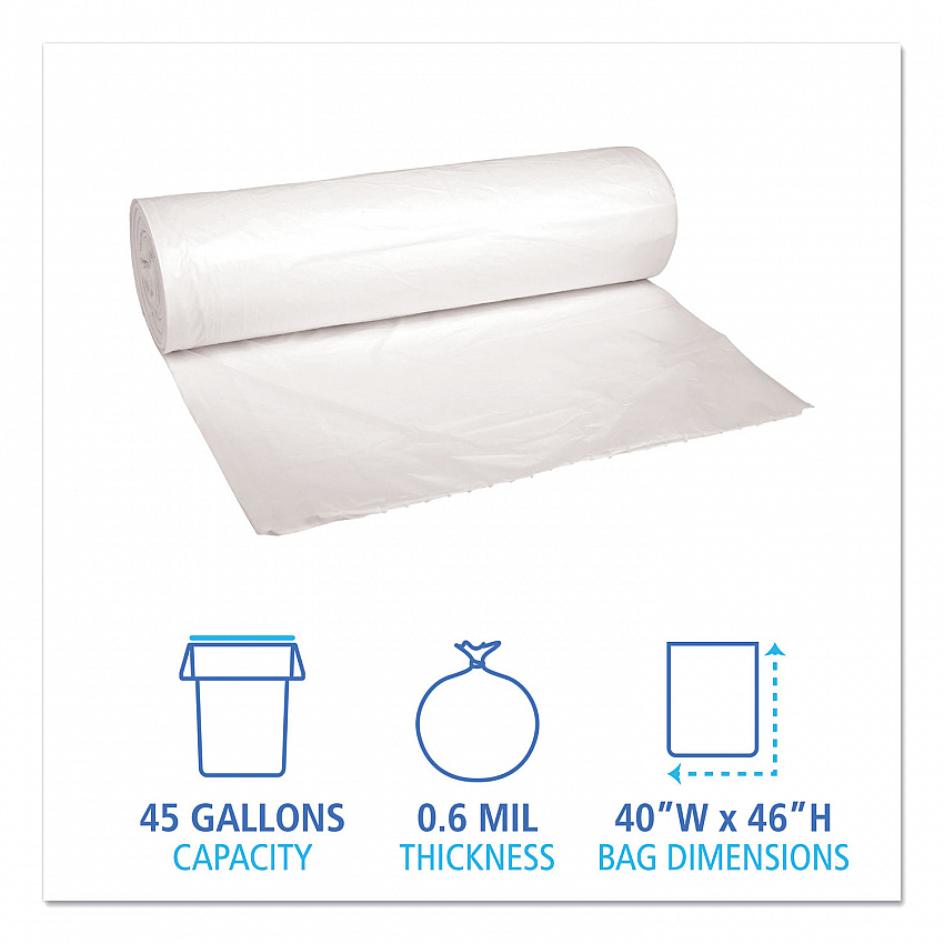 Low-Density Waste Can Liners, 45 gal, 0.6 mil, 40" x 46", White, Perforated Roll, 25 Bags/Roll, 4 Rolls/Carton (4046EXH)