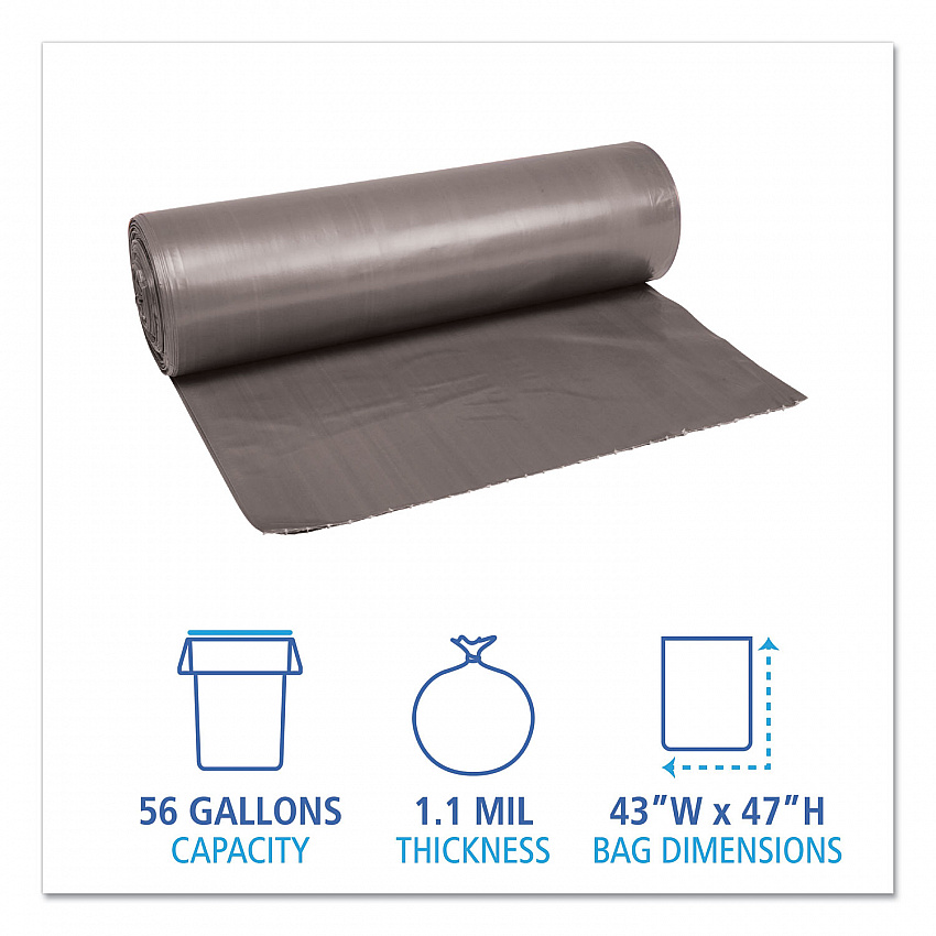 Low-Density Waste Can Liners, 56 gal, 1.1 mil, 43" x 47", Gray, Perforated Roll, 20 Bags/Roll, 5 Rolls/Carton (4347SEH)