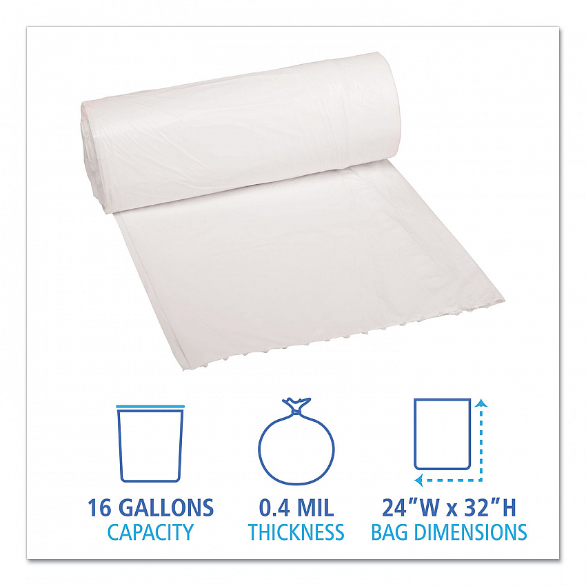 Low-Density Waste Can Liners, 16 gal, 0.4 mil, 24" x 32", White, Perforated Roll, 25 Bags/Roll, 20 Rolls/Carton (2432EXH)