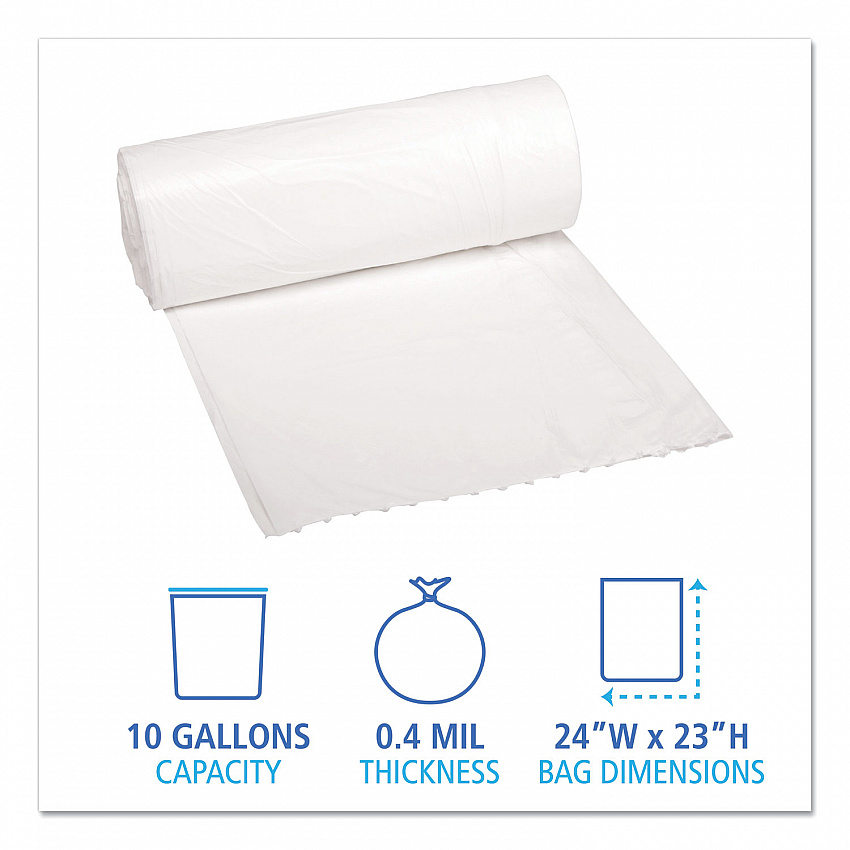 Low-Density Waste Can Liners, 10 gal, 0.4 mil, 24" x 23", White, Perforated Roll, 25 Bags/Roll, 20 Rolls/Carton (2423EXH)