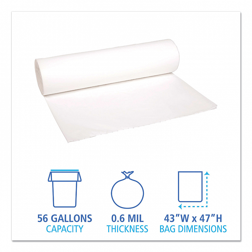 Low-Density Waste Can Liners, 56 gal, 0.6 mil, 43" x 47", White, Perforated Roll, 25 Bags/Roll, 4 Rolls/Carton (4347EXH)