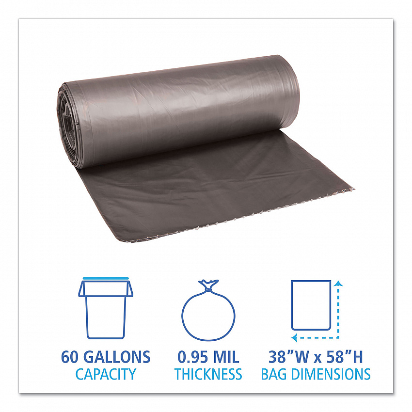 Low-Density Waste Can Liners, 60 gal, 0.95 mil, 38" x 58", Gray, Perforated Roll, 25 Bags/Roll, 4 Rolls/Carton (528)