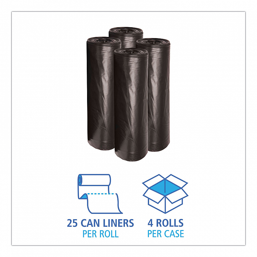 Low-Density Waste Can Liners, 45 gal, 0.6 mil, 40" x 46", Black, Perforated Roll, 25 Bags/Roll, 4 Rolls/Carton (4046H)