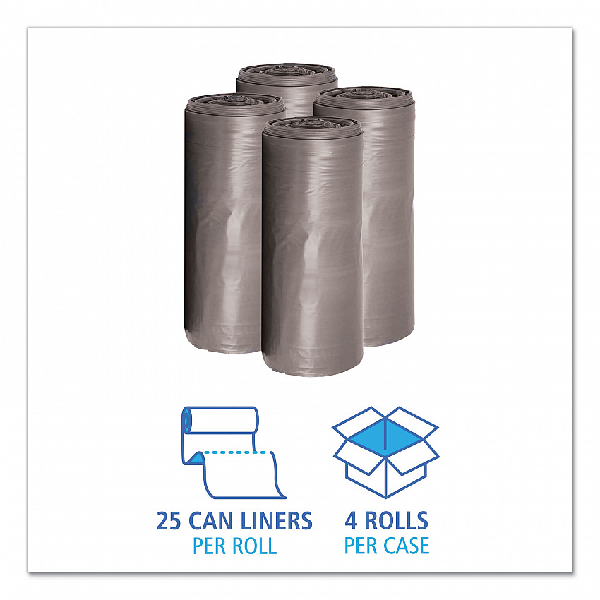 Low-Density Waste Can Liners, 33 gal, 1.1 mil, 33" x 39", Gray, Perforated Roll, 25 Bags/Roll, 4 Rolls/Carton (3339SEH)