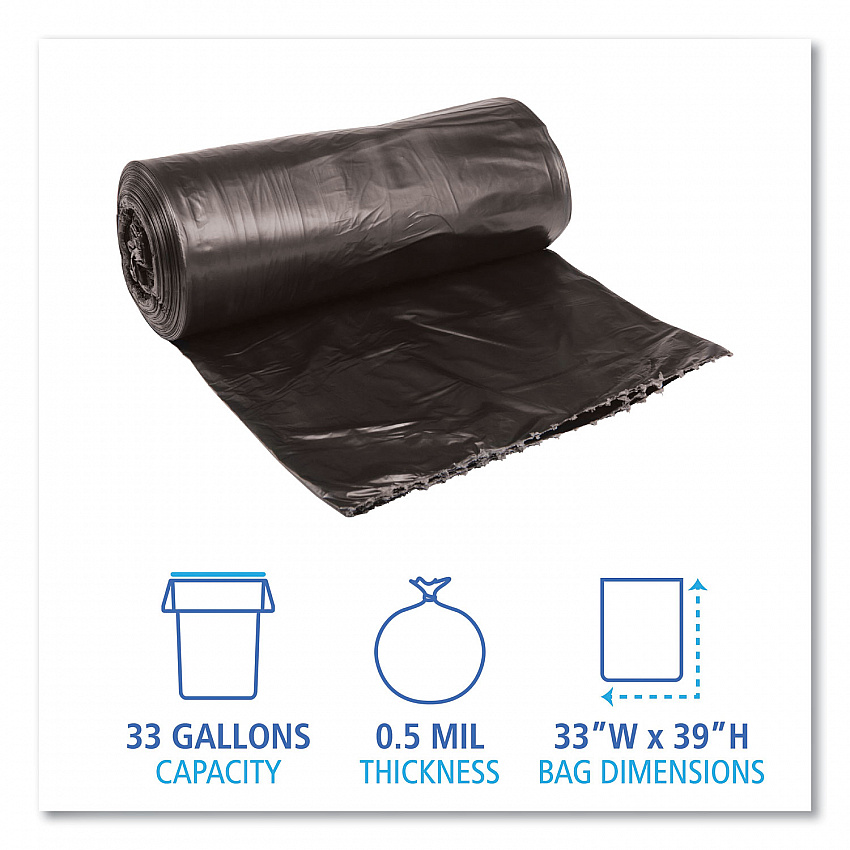 Low-Density Waste Can Liners, 33 gal, 0.5 mil, 33" x 39", Black, Perforated Roll, 25 Bags/Roll, 8 Rolls/Carton (3339H)