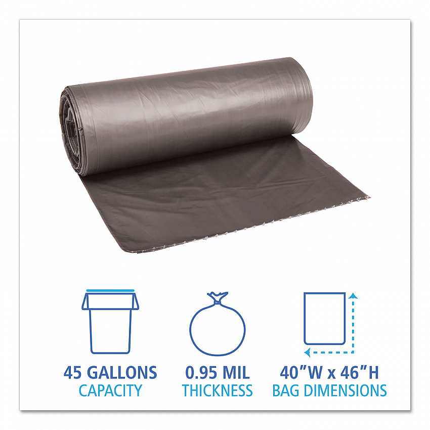 Low-Density Waste Can Liners, 45 gal, 0.95 mil, 40" x 46", Gray, Perforated Roll, 25 Bags/Roll, 4 Rolls/Carton (4046SH)