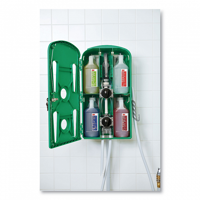 Flow Control System Chemical Dispenser, Air Gap, (4) 0.5 gal, 12.25 x 6.3 x 22.5, Green (85852)
