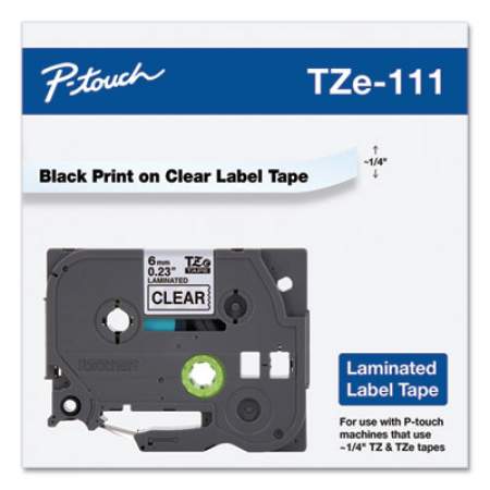 Brother P-Touch TZe Standard Adhesive Laminated Labeling Tape, 0.23" x 26.2 ft, Black on Clear (TZE111)