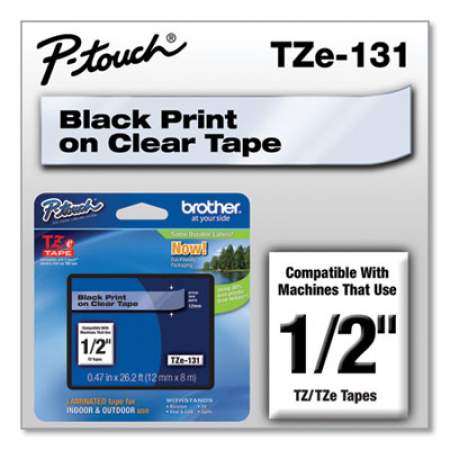 Brother P-Touch TZe Standard Adhesive Laminated Labeling Tape, 0.47" x 26.2 ft, Black on Clear (TZE131)