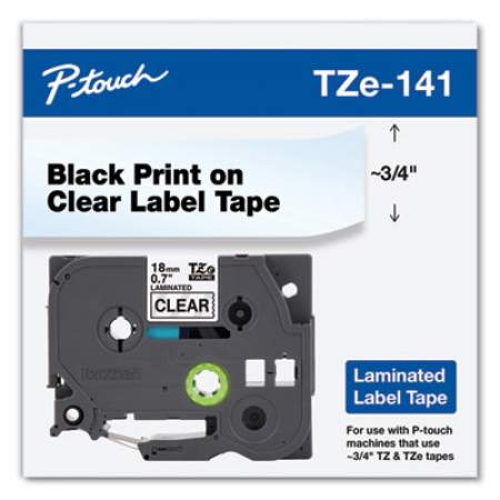 Brother P-Touch TZe Standard Adhesive Laminated Labeling Tape, 0.7" x 26.2 ft, Black on Clear (TZE141)