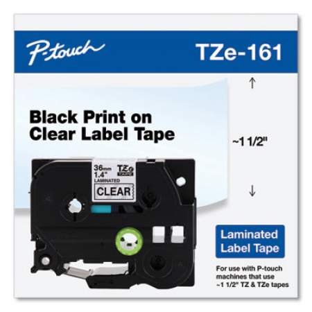 Brother P-Touch TZe Standard Adhesive Laminated Labeling Tape, 1.4" x 26.2 ft, Black on Clear (TZE161)