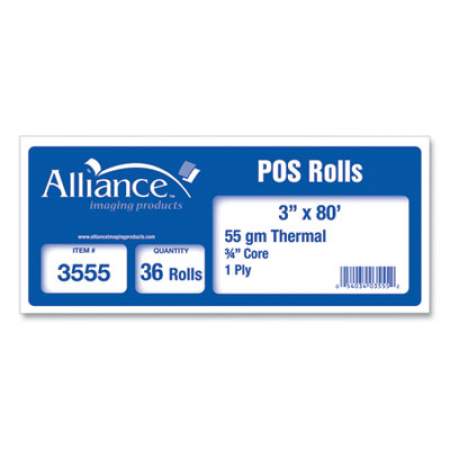Alliance Thermal Cash Register/POS Roll, 3" x 80 ft, White, 36/Carton (3555)