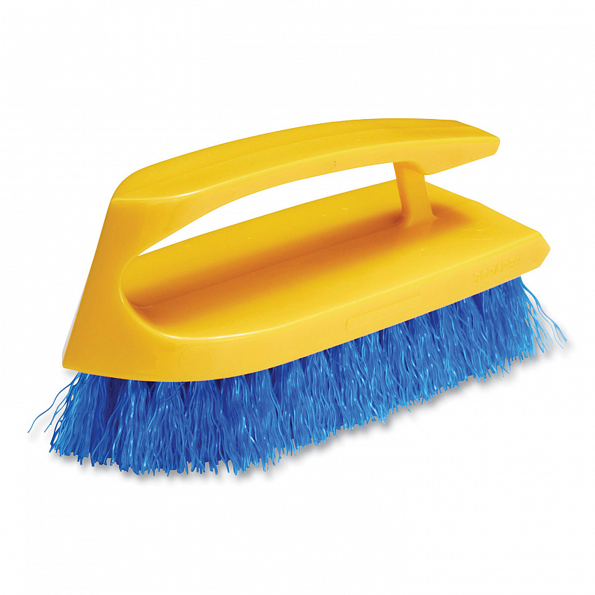 Iron-Shaped Handle Scrub Brush, Blue Polypropylene Bristles, 6" Brush, 6" Yellow Plastic Handle (6482COB)
