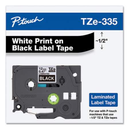 Brother P-Touch TZe Standard Adhesive Laminated Labeling Tape, 0.47" x 26.2 ft, White on Black (TZE335)