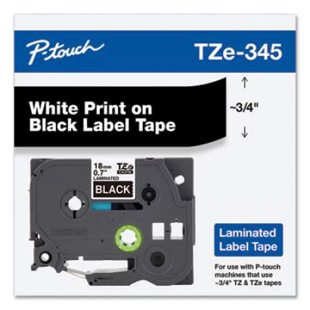 Brother P-Touch TZe Standard Adhesive Laminated Labeling Tape, 0.7" x 26.2 ft, White on Black (TZE345)