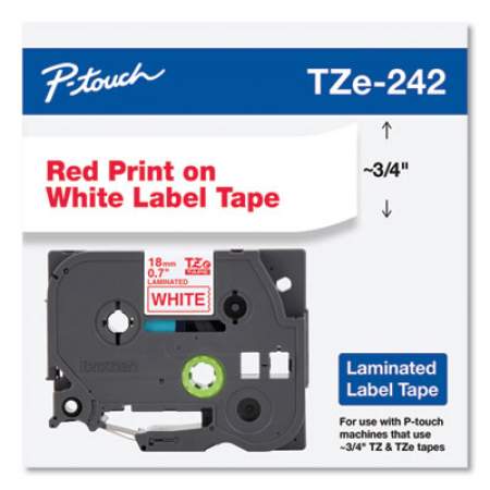 Brother P-Touch TZe Standard Adhesive Laminated Labeling Tape, 0.7" x 26.2 ft, Red on White (TZE242)
