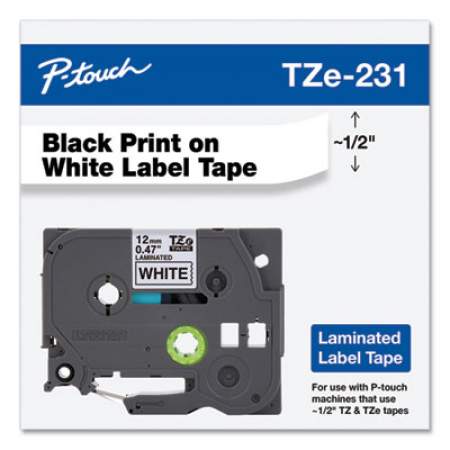 Brother P-Touch TZe Standard Adhesive Laminated Labeling Tape, 0.47" x 26.2 ft, Black on White (TZE231)