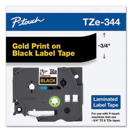 Brother P-Touch TZe Standard Adhesive Laminated Labeling Tape, 0.7" x 26.2 ft, Gold on Black (TZE344)