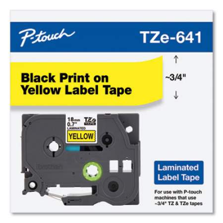 Brother P-Touch TZe Standard Adhesive Laminated Labeling Tape, 0.7" x 26.2 ft, Black on Yellow (TZE641)