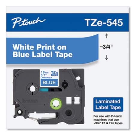 Brother P-Touch TZe Standard Adhesive Laminated Labeling Tape, 0.7" x 26.2 ft, White on Blue (TZE545)