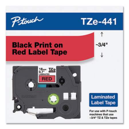 Brother P-Touch TZe Standard Adhesive Laminated Labeling Tape, 0.7" x 26.2 ft, Black on Red (TZE441)