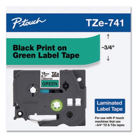 Brother P-Touch TZe Standard Adhesive Laminated Labeling Tape, 0.7" x 26.2 ft, Black on Green (TZE741)
