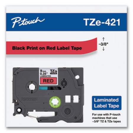 Brother P-Touch TZe Standard Adhesive Laminated Labeling Tape, 0.35" x 26.2 ft, Black on Red (TZE421)