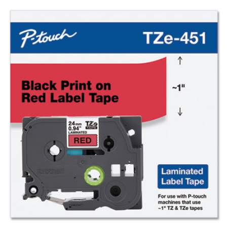 Brother P-Touch TZe Standard Adhesive Laminated Labeling Tape, 0.94" x 26.2 ft, Black on Red (TZE451)
