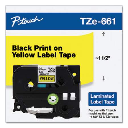Brother P-Touch TZe Standard Adhesive Laminated Labeling Tape, 1.4" x 26.2 ft, Black on Yellow (TZE661)