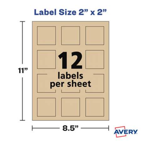 Avery Square Print-to-the-Edge Labels, Inkjet/Laser Printers, 2 x 2, Kraft Brown, 12/Sheet, 25 Sheets/Pack (22846)