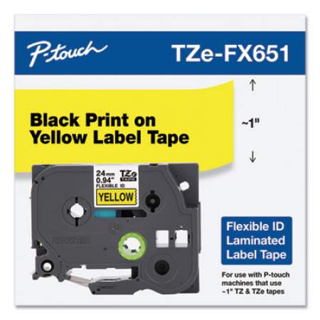 Brother P-Touch TZe Flexible Tape Cartridge for P-Touch Labelers, 0.94" x 26.2 ft, Black on Yellow (TZEFX651)