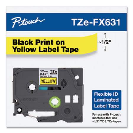 Brother P-Touch TZe Flexible Tape Cartridge for P-Touch Labelers, 0.47" x 26.2 ft, Black on Yellow (TZEFX631)