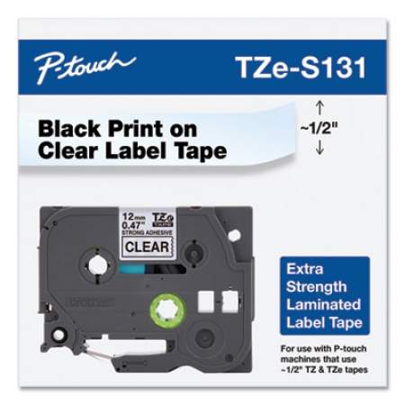 Brother P-Touch TZe Extra-Strength Adhesive Laminated Labeling Tape, 0.47" x 26.2 ft, Black on Clear (TZES131)