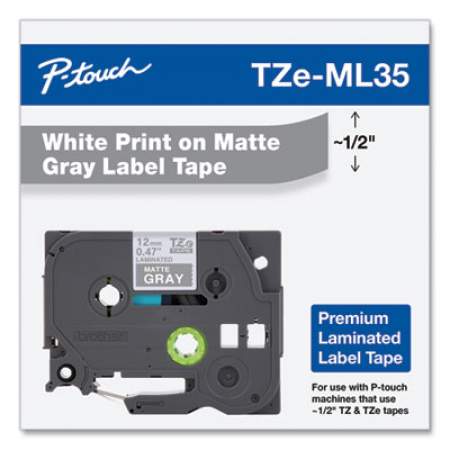 Brother TZe Premium Laminated Tape, 0.47" x 26.2 ft, White on Gray (TZEML35)