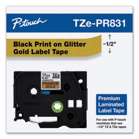 Brother TZe Premium Laminated Tape, 0.47" x 26.2 ft, Black on Gold (TZEPR831)